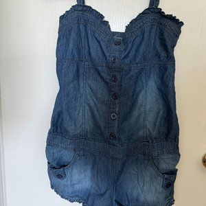 Denim romper Coachella Western‎ festival ruffles pockets Size L coastal cowgirl